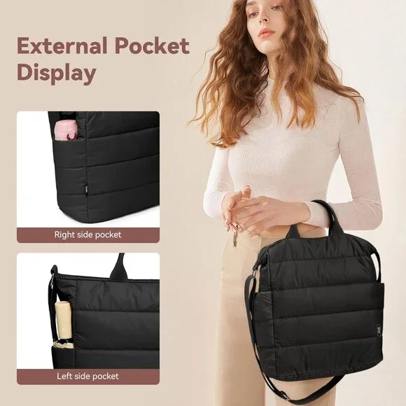 Quilted Tote Bag, Puffer Hobo Laptop Bag Anti Splash Crossbody Zipper Shoulder B